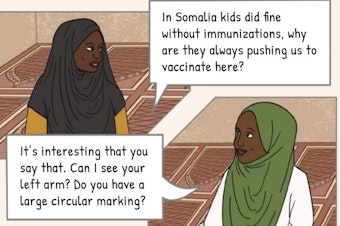 caption: One of the opening panels in a graphic-novel style pamphlet created by the Somali Health Board to encourage vaccinations.