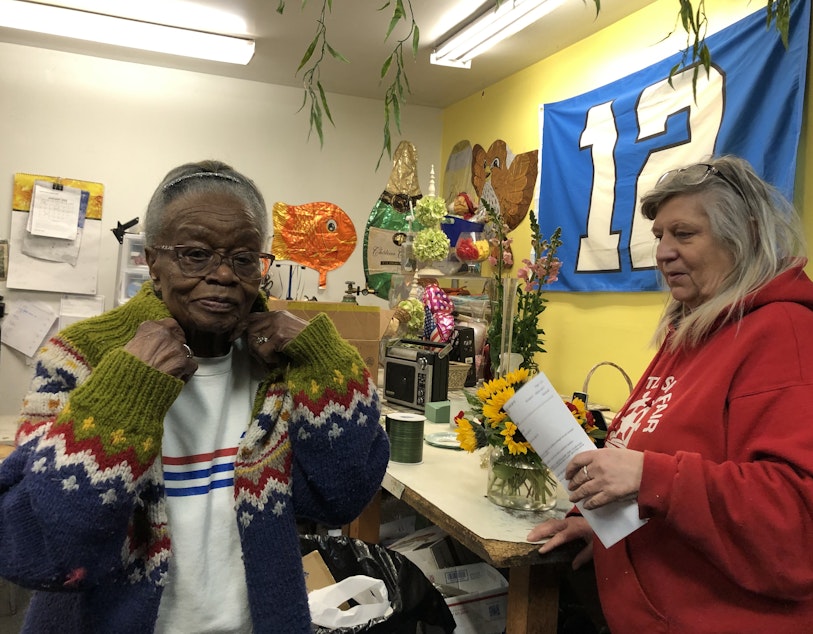 caption: Mary Wesley, left, pictured with assistant Sue Grimord.  Wesley's flower shop, Flowers Just 4U, has been a fixture in Seattle's Central District since 1984.