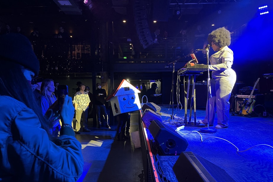 caption: At a concert organized by the 43rd District Democrats on Capitol Hill, musicians spoke about their housing struggles and pitched I-135 as a solution. In this image, Shaina Shepherd performs for a crowd including I-135's mascot, "Housey."