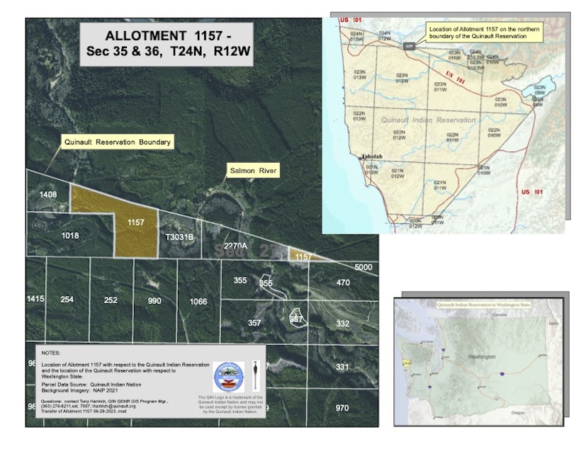 caption: This map shows the Western Washington land, currently held in federal trust, that a new congressional bill could hand back to the Quinault Indian Nation after nearly 100 years. 