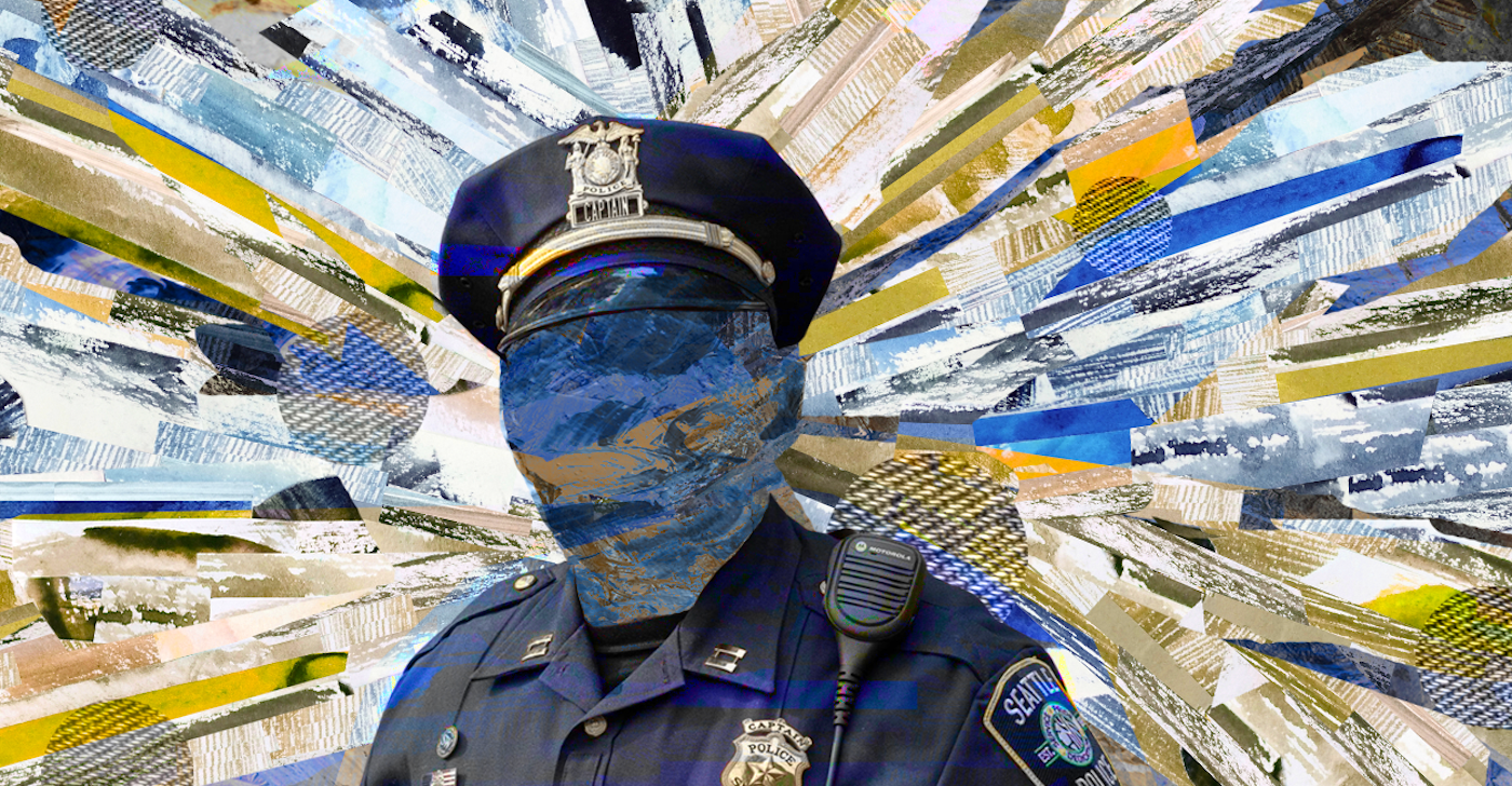 caption: Collage of Seattle police officer against textured background. Photo courtesy of Seattle Police Department.