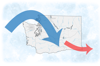 caption: Collage of Washington state with flow showing Democrats moving in and Republicans leaving the state.