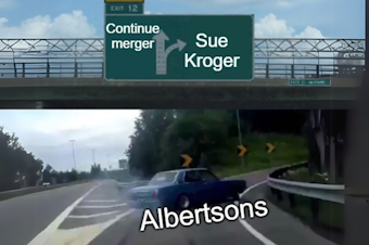 caption: An image of a car swerving off the highway, down an exit, a popular online meme used to represent a sudden change of course. The car is labeled "Albertsons." Instead of going straight toward "Continue merger," it's rapidly turning toward "Sue Kroger."