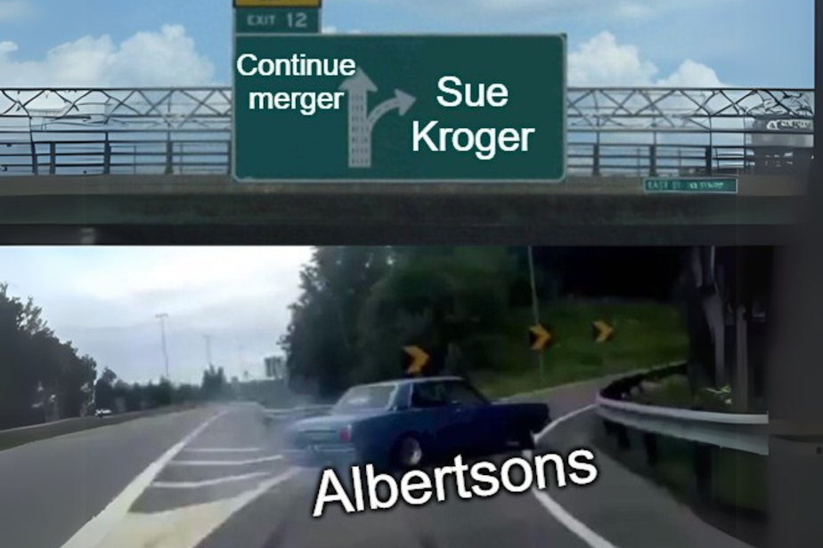 caption: An image of a car swerving off the highway, down an exit, a popular online meme used to represent a sudden change of course. The car is labeled "Albertsons." Instead of going straight toward "Continue merger," it's rapidly turning toward "Sue Kroger."