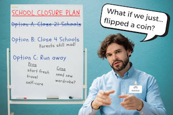 caption: A photo collage showing a man wearing a nametag that says " SPS Advisor" and discussing Seattle Public Schools' school closure plan. He says, "What if we just... flipped a coin?" To his left, there's a whiteboard labeled "School Closure Plan. "Option A: Close 21 Schools" has been crossed out. "Option B: Close 4 Schools" has a note under it that says, "Parents still mad!" "Option C: Run away" has pros and cons listed under it. Photos courtesy of Canva.