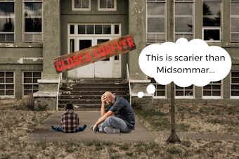 caption: A photo collage showing a little boy and his father sitting outside of a closed school, blocked by a sign that says "CLOSED FOREVER." Photos courtesy of Canva.