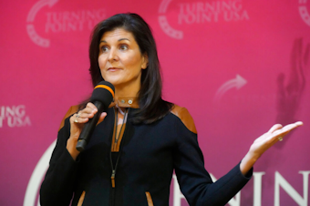 caption: Former U.N. Ambassador and former South Carolina Gov. Nikki Haley speaks during an event sponsored by Turning Point USA at Clemson University on Tuesday, Nov. 29, 2022, in Clemson, S.C. 