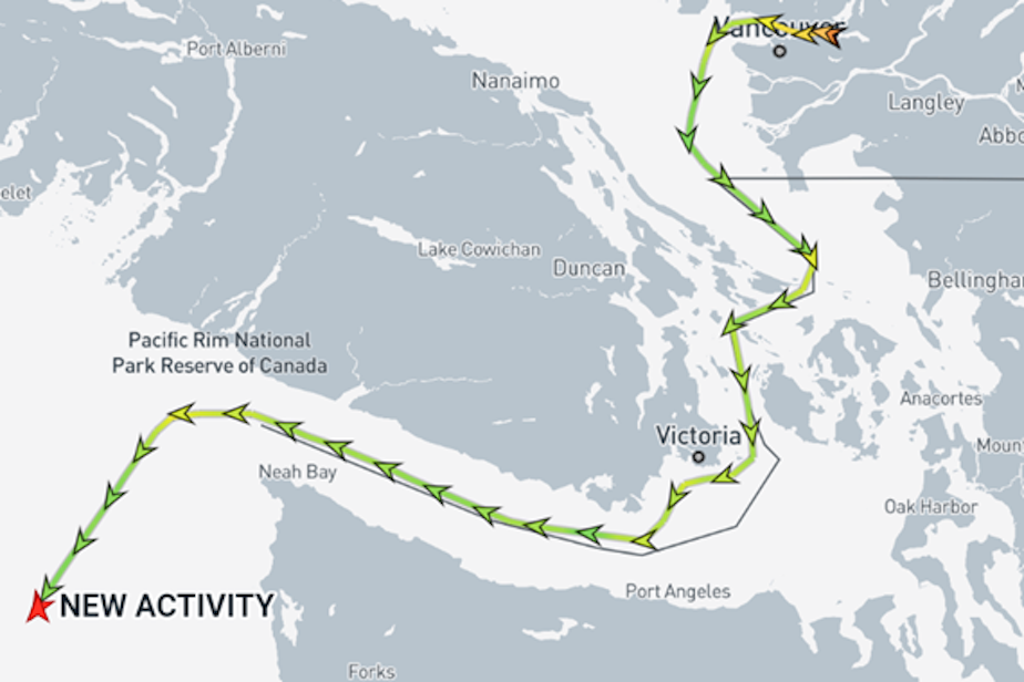 caption: The initial route of the oil tanker New Activity from the Trans Mountain Pipeline terminal in Burnaby, British Columbia, to Long Beach, California, on Aug. 28 and 29, 2024, as reported by MarineTraffic, a maritime analytics provider based in Athens.