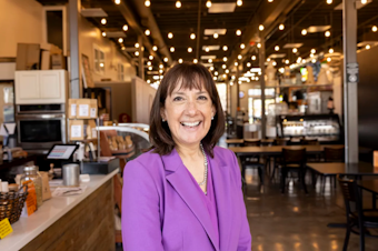 caption: Andrea Salinas at Cafe La Onda in Woodburn, Oregon on Oct. 22, 2024 while campaigning for Congress. 