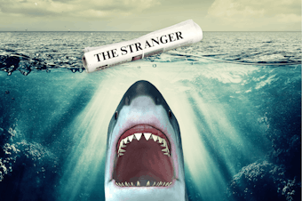 caption: A photo collage showing a shark swimming with its mouth wide open toward the surface, where a rolled up copy of The Stranger is floating. Photos courtesy of Canva.