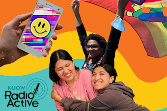 caption: A colorful collage. From top left, clockwise: A hand holds a smartphone with a smiley face on the screen. RadioActive youth producer Rhea Beecher holds a rainbow Pride flag with a power fist. RadioActive youth producer Eva Solorio with her sister.