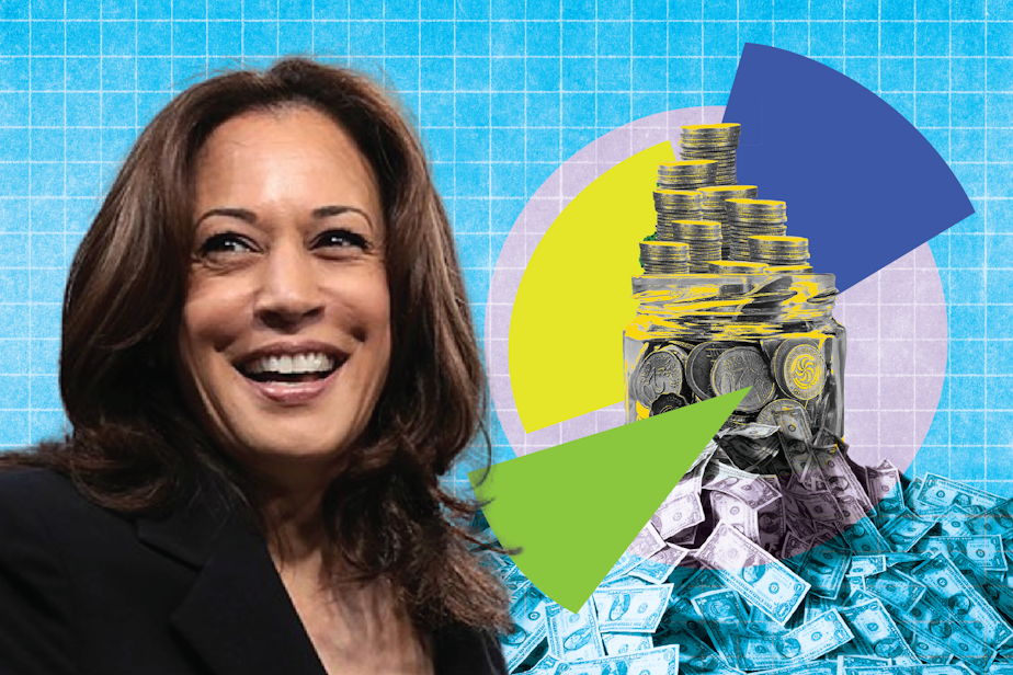 caption: Collage of Vice President Kamala Harris and money. Photos courtesy of Istock, the Harris campaign, and Canva.com.