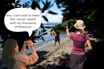 caption: A photo collage showing three people taking photos of the East Harrison Street Shoreline Street End (at 39th Avenue East and East Harrison Street) – colloquially known as Hidden Beach. The leftmost person is saying, "Boy, I can't wait to share this ~secret~ beach with my thousands of followers!" Photos courtesy of Canva and KUOW/Megan Farmer.