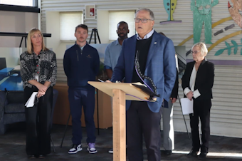 caption: Gov. Jay Inslee announced the new juvenile corrections center while speaking to reporters at Green Hill School Monday, Nov. 25, 2024.