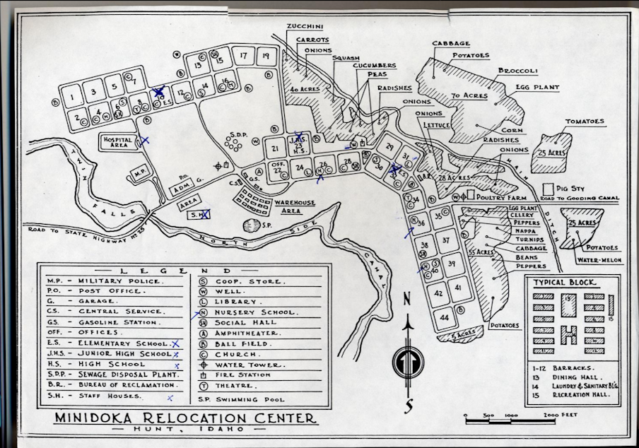 caption: A map detailing the layout of the Minidoka Relocation Center, where thousands of Japanese Americans were incarcerated during WWII.