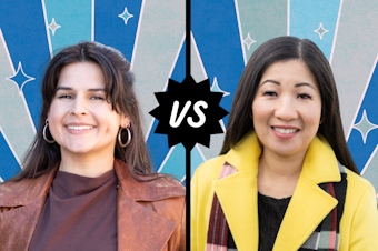 caption: Seattle City Council Position 8 candidates Alexis Mercedes Rinck (L) and Tanya Woo (R).