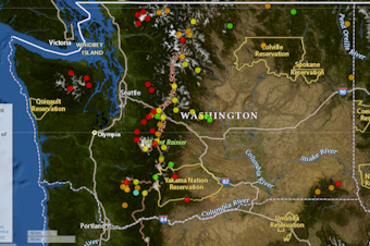 caption: A map showing snowpack levels for Feb. 5, 2024, using the National Water and Climate Center's interactive map. It shows how much snowpack Washington state has compared to the median for the day recorded between 1991 and 2020.