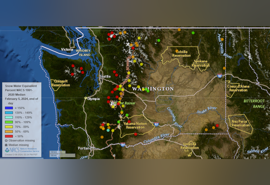 caption: A map showing snowpack levels for Feb. 5, 2024, using the National Water and Climate Center's interactive map. It shows how much snowpack Washington state has compared to the median for the day recorded between 1991 and 2020.