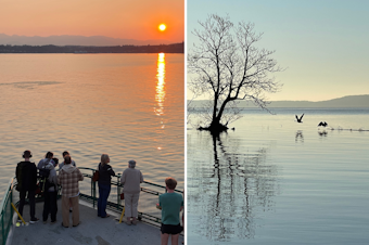 caption: Edmonds-Kingston ferry riders watch the sunset over Puget Sound and the Olympic Mountains on Aug. 9, 2024 (left). Canada geese take off from the Chesapeake Bay at Havre de Grace, Maryland (right).