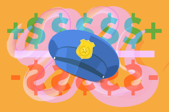 caption: Illustration of police hat against backdrop. Assets courtesy of Istock.