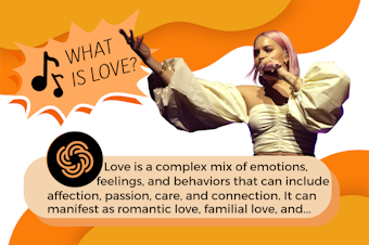 caption: A photo illustration showing the singer Anne-Marie singing, "What is love?" She is singing to ChatGPT, which answers the question she seems to be asking rather than recognizing the lyrics to the song "Baby Don't Hurt Me." ChatGPT responds with a long definition of love that is cut off: "Love it a complex mix of emotions, feelings, and behaviors that can include affection, passion, care, and connection. It can manifest as romantic love, familial love, and..." 