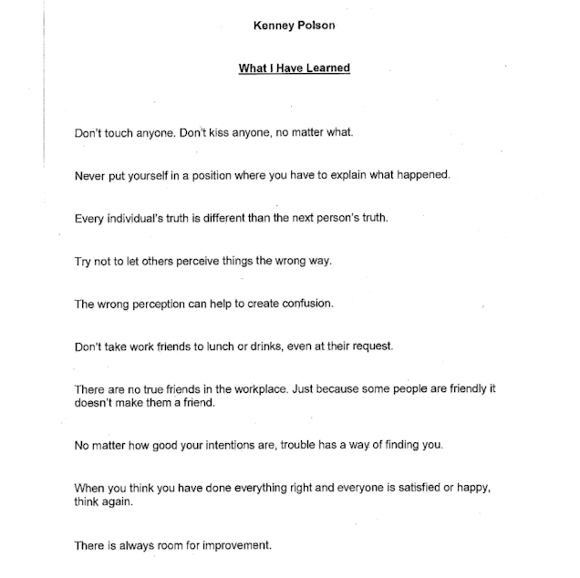 caption: A list written by Kenney Polson following Portland Public Schools' finding that he'd sexually harassed a female colleague.