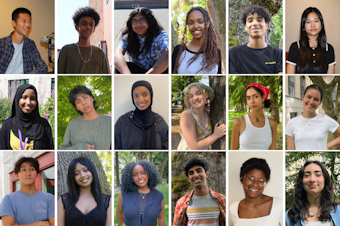 caption: A collage of portraits of the summer 2023 RadioActive youth producers. Top row from left: Aaron  Ton, Alex Mengisteab, Daniel Colindres-Flores, Eliham Mohammed, Gavin Muhlfelder, Jana Le. Middle row: Jehan Hashi, Josue Villalobos, Maymuna Yusuf, Natalie Lahr, Nyla Moxley, Olivia Asmann. Bottom row: Phillip Zhou, Redeat Debebe, Rediet Giday, Sidh Shroff, Taniya Guster, Vivi Cardenas-Habell.