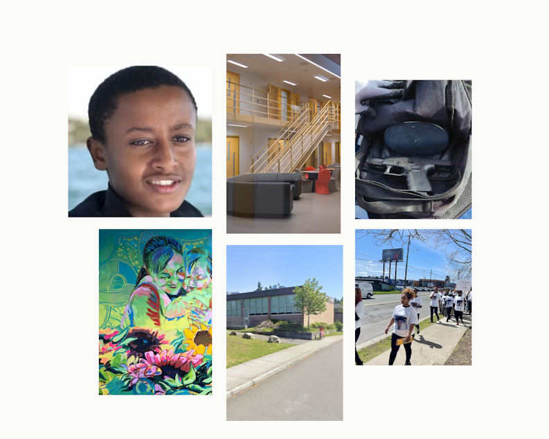 caption: From left, clockwise: Ebenezer Haile; cells at the King County youth jail where TF is being held; the Glock used in the shooting; a rally six months after Haile died; Ingraham High School; a mural at the youth jail.