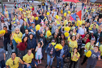 caption: Long Wharf Theatre in New Haven, Conn., celebrated leaving its home of nearly 60 years with a community parade on Oct. 15, 2022. "The entire city is now our stage," said artistic director Jacob Padrón.