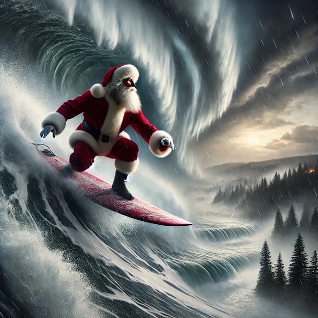 caption: This is an AI-generated image of Santa Claus surfing an atmospheric river into the Pacific Northwest on Christmas Eve. Heavy rain is forecast for Christmas 2024 in Western Washington. Mountain passes are expected to get heavy snow and wind. 