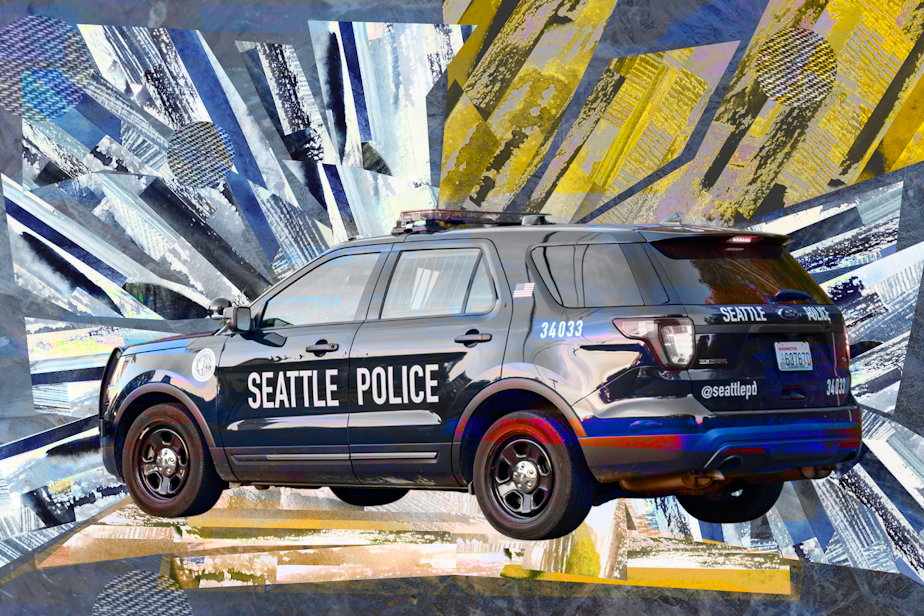 caption: Collage of Seattle Police car against textured background. Photo courtesy of Seattle Police Department.