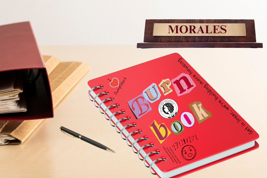 caption: A photo collage showing a Seattle-branded Burn Book in the style of a book of gossip and mean comments from the movie "Mean Girls." The book appears to be on City Councilmember Tammy Morales' desk, next to files and a pen. Photos courtesy of Canva.