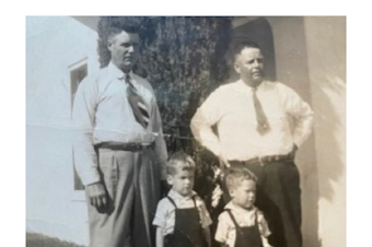 caption: The author's grandfather Rotchley Jones (left) and father Aaron Jones (lower right) around age two, likely photographed in Portland, Oregon in 1947.