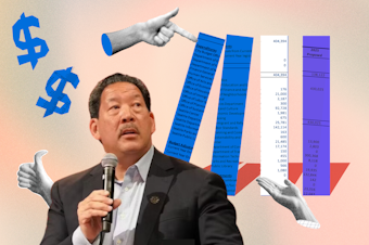 caption: Collage of Mayor Bruce Harrell alongside budget graphics. Photo courtesy of KUOW.org. Illustrations courtesy of Istock. 