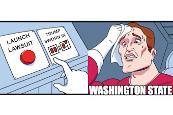 caption: A comic-style meme featuring a superhero-style man labeled "Washington state" on the right, nervously sweating and dabbing his head with a towel. On the left panel, the hero's finger hovers over a button labeled "launch lawsuit," which is next to a timer counting down the seconds until President Donald Trump is sworn in. 