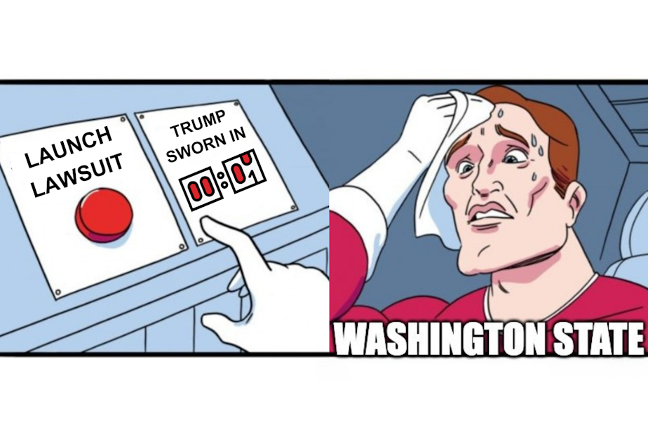 caption: A comic-style meme featuring a superhero-style man labeled "Washington state" on the right, nervously sweating and dabbing his head with a towel. On the left panel, the hero's finger hovers over a button labeled "launch lawsuit," which is next to a timer counting down the seconds until President Donald Trump is sworn in. 