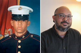 caption: Left: Darren Fisher, age 17, upon his graduation from boot camp in San Diego in December 2000. It's the only remaining photo of him in the Marines. Right: Darren Fisher sits in his Bothell home on July 29, 2023. 