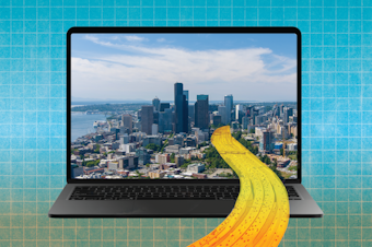 caption: Collage of Seattle skyline coming out of a laptop. Photos courtesy of Istock. 