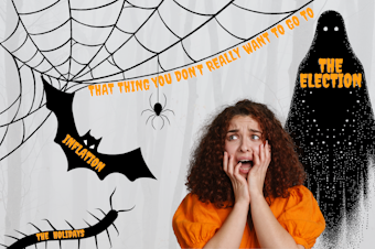 caption: A photo collage showing a woman with curly red hair and a orange shirt, screaming with her hands to her face. She is being haunted by a specter labeled "The Election." A centipede labeled "The Holidays" is creeping toward her. A bat labeled "Inflation" is flying at her face. And a web with a spider dangling from it labeled "That Thing You Don't Really Want to Go to" is looming over her head. Photos courtesy of Canva.